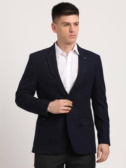 Turtle - Men Poly Viscose Checkered Navy Blue Blazer