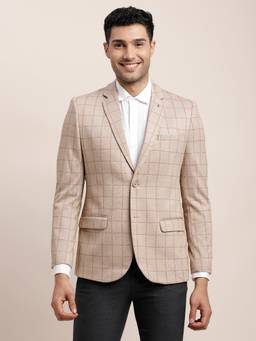 Turtle - Men Cotton Linen Checkered Beige Blazer