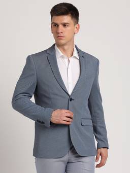 Turtle - Men Cotton Textured Slim Fit Blue Party Blazer