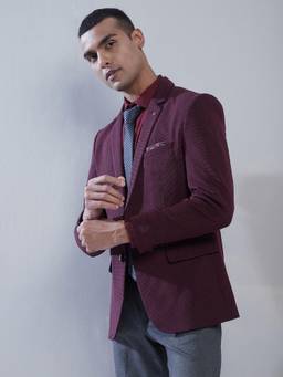 Turtle - Men Knitted Dobby Textured Maroon Blazer