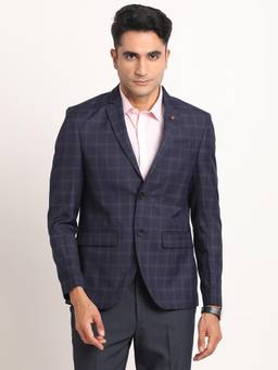 Turtle - Men Knitted Dobby Checkered Navy Blazer
