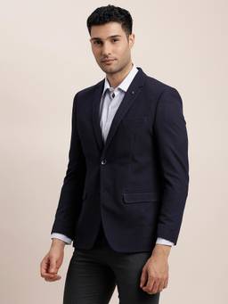 Turtle - Men Knitted Solid Navy Blue Blazer
