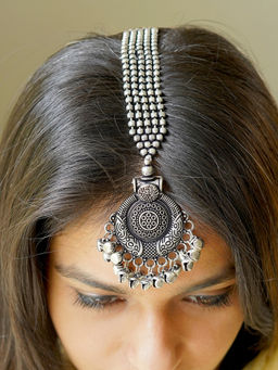 Teejh - Safura Silver Oxidised Maang Tika for Women