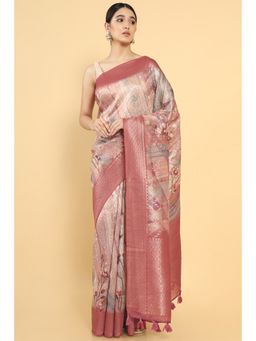 Soch - Women Pink Chanderi Floral Saree with Unstitched Blouse