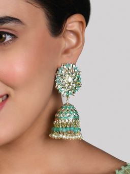 Fida - Ethnic Gold Plated Turq Beads and Kundan Studded Enamel Jhumka Earrings for Women