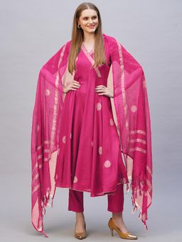 Gahan - Rayon Printed Pink Angrakha Kurta Pant & Printed Dupatta (Set of 3)