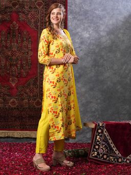 Gahan - Rayon Floral Printed Yellow Kurta with Solid/ Plain Pant & Dupatta (Set of 3)