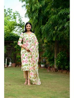 Gahan - Rayon Tropical Printed Cream Kurta with Stripes Printed Pant & Dupatta (Set of 3)