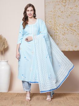 Gahan - Rayon Lace Embellished Bird Motif Printed Blue Kurta Pant & Dupatta (Set of 3)