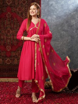 Gahan - Rayon Lace Embellished Empire A- Line Polka Dot Pink Kurta Pant & Dupatta (Set of 3)