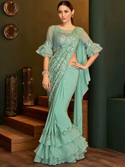 Odette - Sea Green Lycra Designer Saree with Unstitched Blouse
