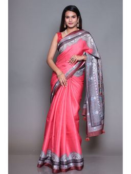 Zari Jaipur - Red Digital Print Tussar Satin Saree with Unstitched Blouse
