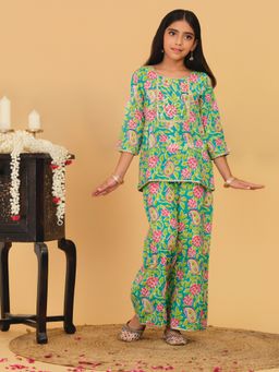 Trampoline - Girls Green Cotton Floral Printed Co-Ord Set