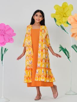 Trampoline - Girls Orange Cotton Printed Dress with Shrug