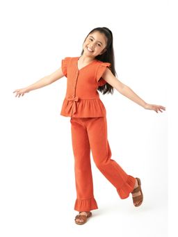 Trampoline - Girls Orange Cotton Knit Sleeveless Schiffli Co-Ord Set