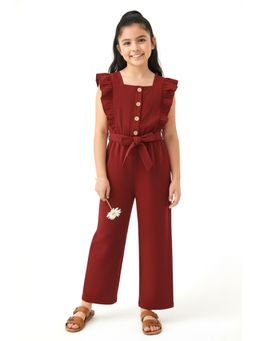 Trampoline - Girls Maroon Cotton Slub Jumpsuit with Belt