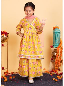 Trampoline - Girls Yellow Floral Printed Kurta & Sharara with Dupatta