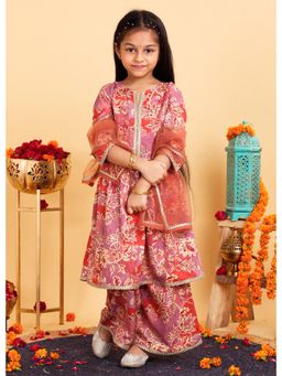 Trampoline - Girls Pink Floral Printed Kurta & Palazzo with Dupatta