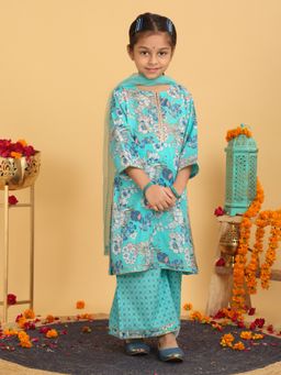 Trampoline - Girls Blue Floral Printed Kurta & Palazzo with Dupatta