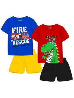 Trampoline - Boys Multi-Color Fire Rescue & Dino Printed T-Shirts & Shorts (Pack of 2)