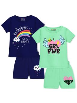 Trampoline - Girls Multi-Color Power & Rainbows Printed T-Shirts & Shorts (Pack of 2)