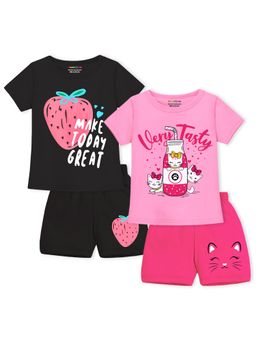 Trampoline - Girls Multi-Color Cat & Cherry Printed T-Shirts & Shorts (Pack of 2)