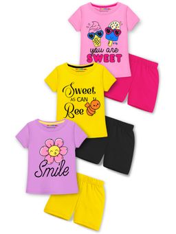 Trampoline - Girls Multi-Color Knit Bee Printed T-shirts & Shorts (Pack of 3)