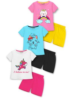 Trampoline - Girls Multi-Color Unicorn Printed T-shirts & Shorts (Pack of 3)