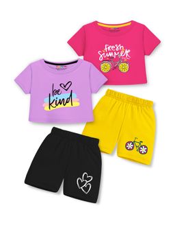 Trampoline - Girls Multi-Color Fresh Summer Printed Crop T-shirt & Shorts (Pack of 2)
