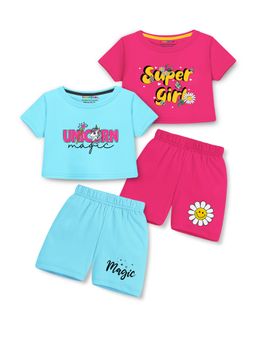 Trampoline - Girls Multi-Color Unicorn Printed Crop T-shirt & Shorts (Pack of 2)