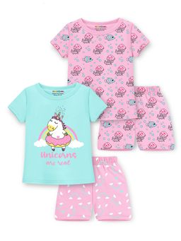 Trampoline - Girls Multi-Color Unicorn Printed T-Shirts & Shorts (Pack of 2)