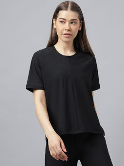 Fitkin - Women Black Solid Back Mesh Design Short Sleeves T-Shirt