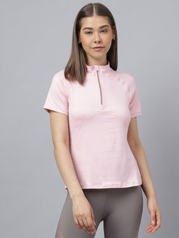 Fitkin - Women Pink Front Zipper Short Sleeves T-Shirt