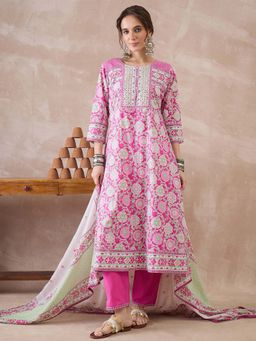 Indo Era - Pink Floral Kurta with Pant and Dupatta