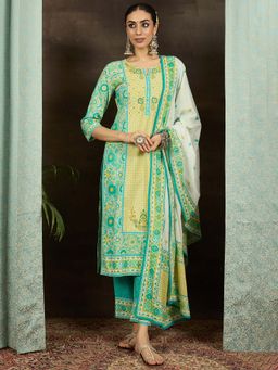 Indo Era - Teal Floral Kurta with Pant and Dupatta