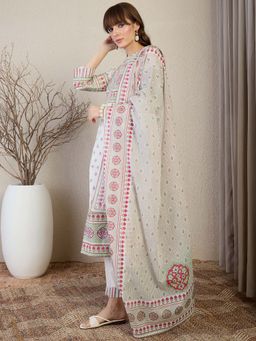 Indo Era - White Floral Kurta with Pant and Dupatta