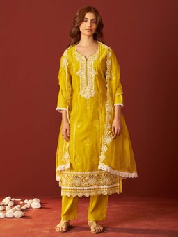 Indo Era - Yellow Floral Kurta with Pant and Dupatta