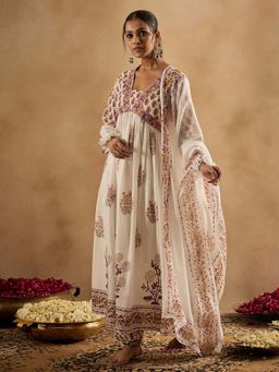 Indo Era - White Floral Kurta with Pant and Dupatta