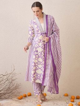 Indo Era - Lavender Floral Kurta with Pant and Dupatta