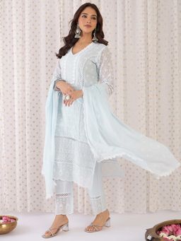 Indo Era - Grey Floral Kurta with Pant and Dupatta