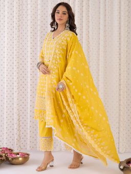 Indo Era - Mustard Floral Kurta with Pant and Dupatta
