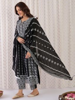 Indo Era - Black Floral Kurta with Pant and Dupatta