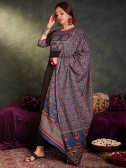 Indo Era - Black Floral Kurta with Pant and Dupatta