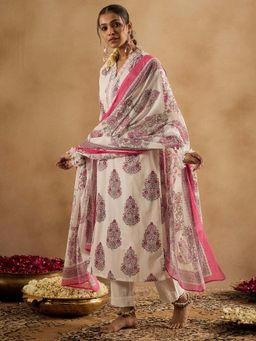 Indo Era - White Floral Kurta with Pant and Dupatta