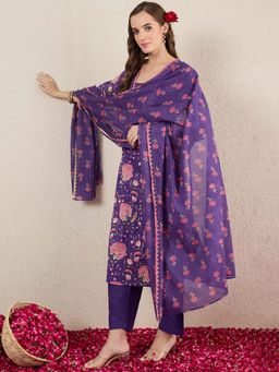 Indo Era - Purple Floral Kurta with Pant and Dupatta