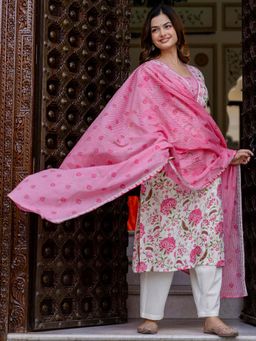 Indo Era - Cream Floral Kurta with Pant and Dupatta