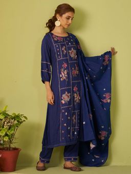 Indo Era - Blue Floral Kurta with Pant and Dupatta