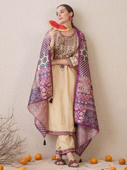 Indo Era - Beige Floral Kurta with Pant and Dupatta