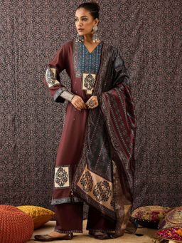 Indo Era - Maroon Floral Kurta with Pant and Dupatta