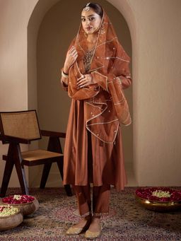 Indo Era - Rust Floral Kurta with Pant and Dupatta